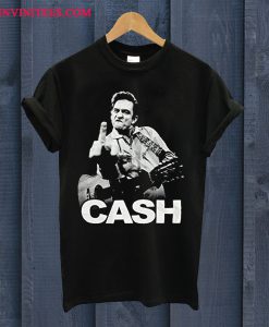 Johnny Cash Flipping the Bird Finger Black Adult T Shirt