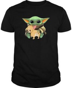 Baby Yoda Hug Corgi Cartoon t shirt qn