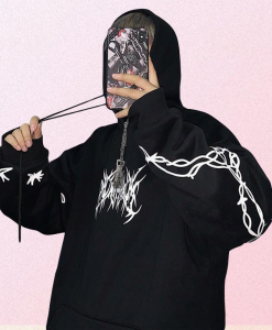 Black Goth Aesthetic Barbed Wire Print Hoodie