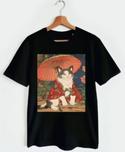 Adorable Geisha Cat With Parasol T-shirt thd