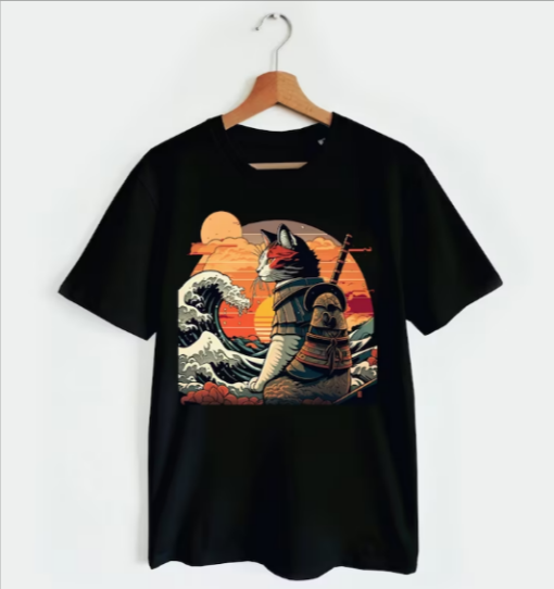 Retro samurai Cat With Wave T-shirt thd